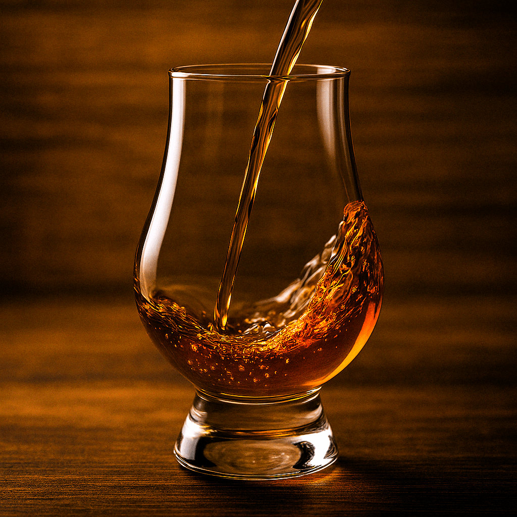 Whiskey being poured into a glencairn